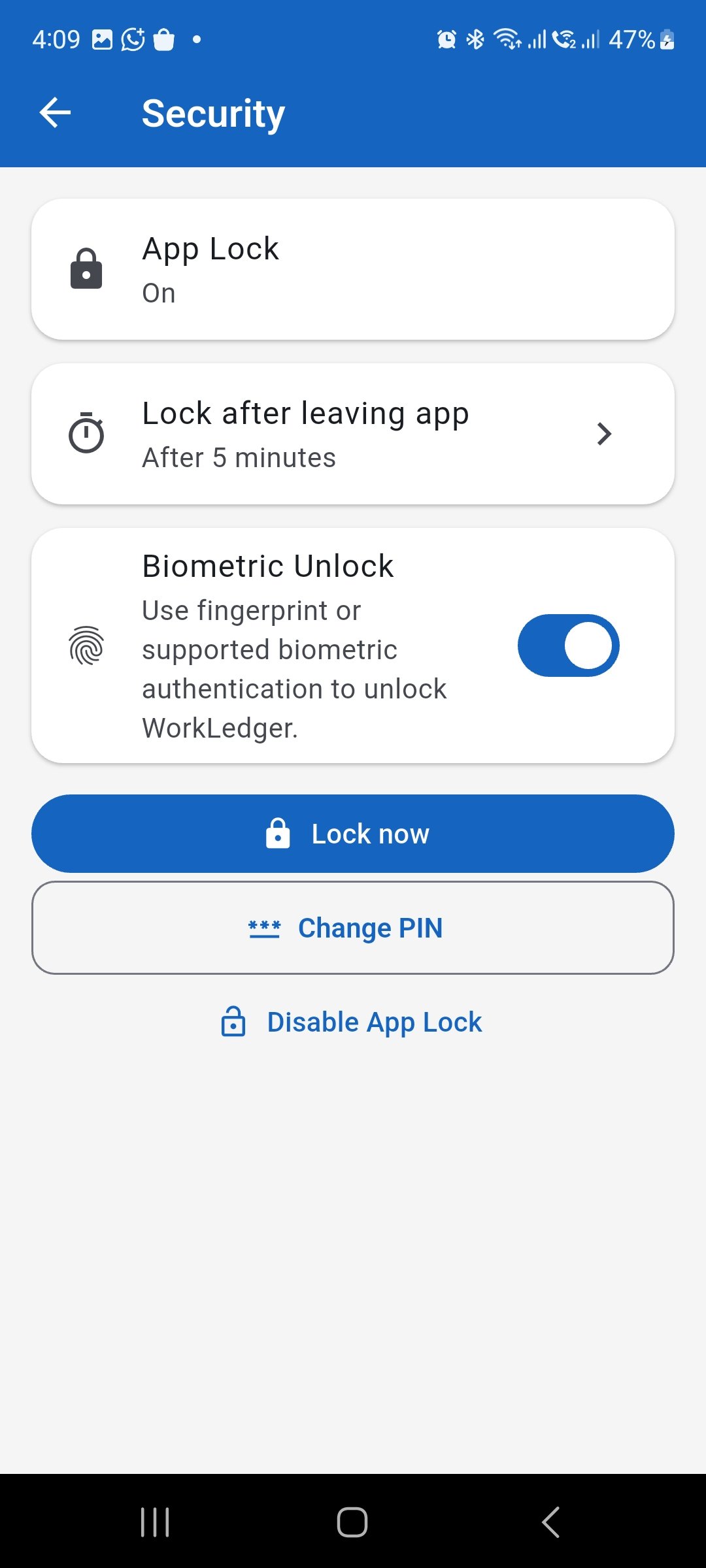 WorkLedger Security screen with Biometric Unlock enabled