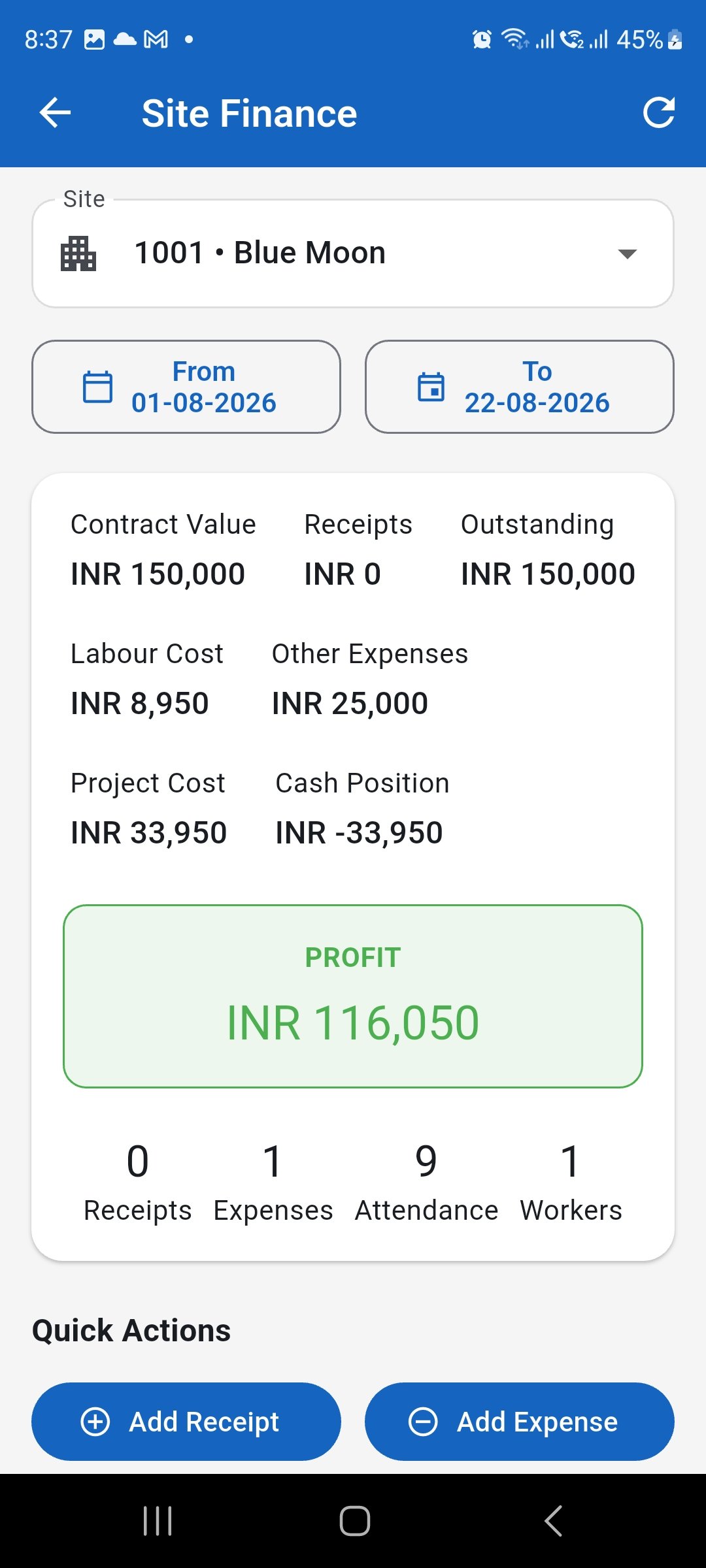 WorkLedger Site Finance screen showing the selected site and financial summary