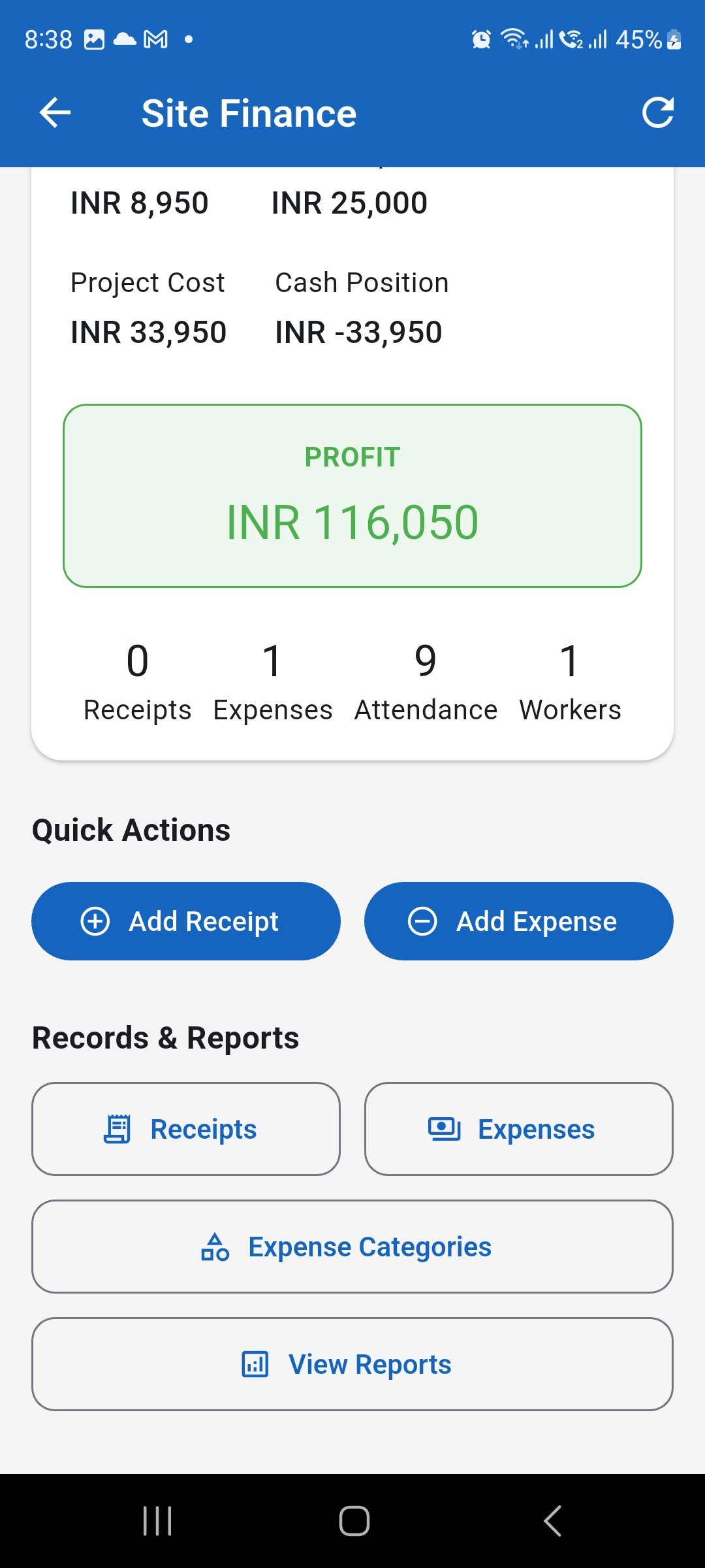 WorkLedger Site Finance screen showing quick actions and records and reports options