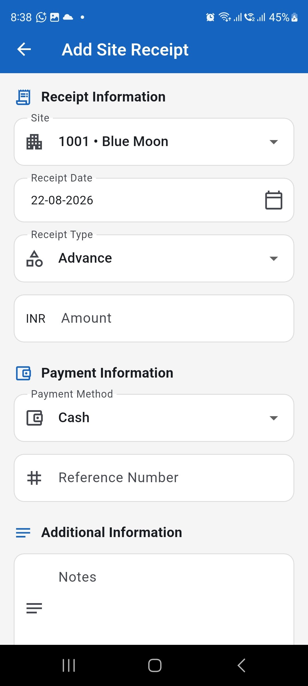 WorkLedger Add Site Receipt screen