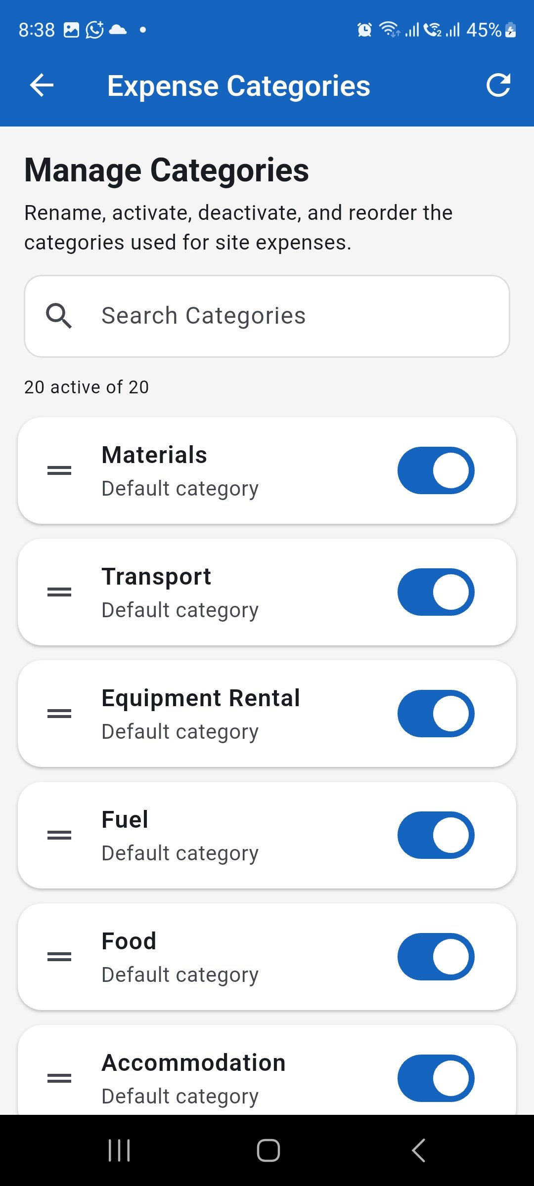 WorkLedger Expense Categories screen showing active site expense categories