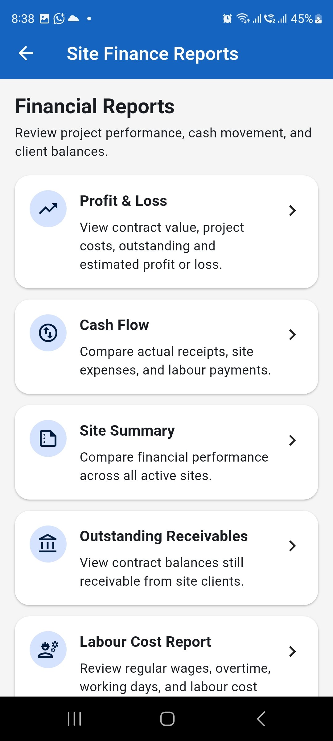 WorkLedger Site Finance Reports screen