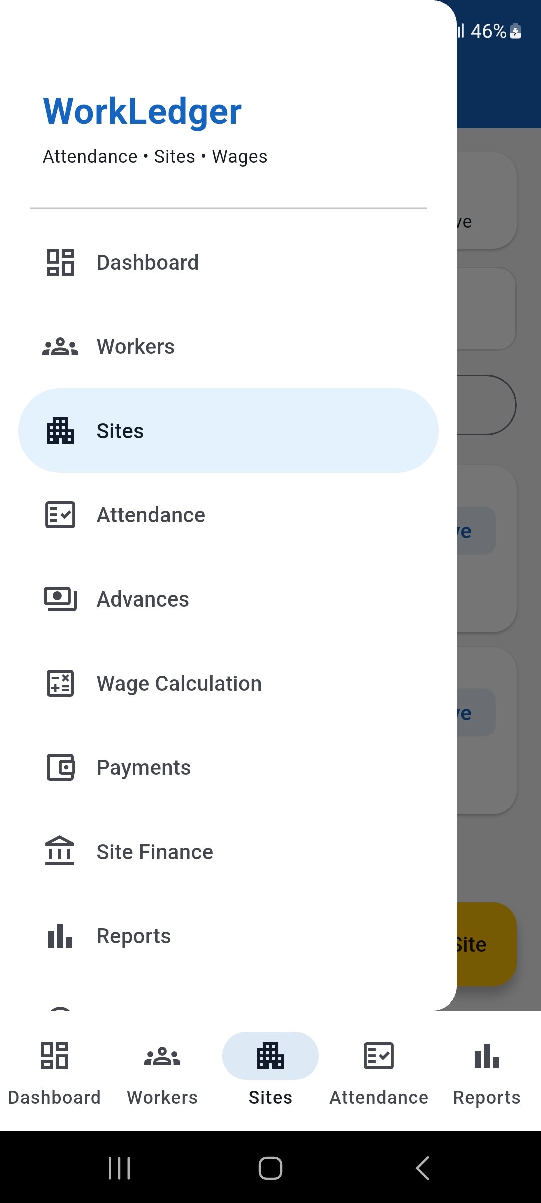 WorkLedger Site Finance screen showing the Receipts option under Records and Reports