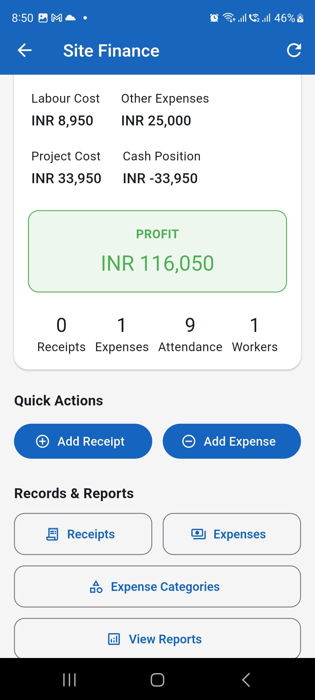 WorkLedger Add Site Receipt screen showing the site and receipt information fields