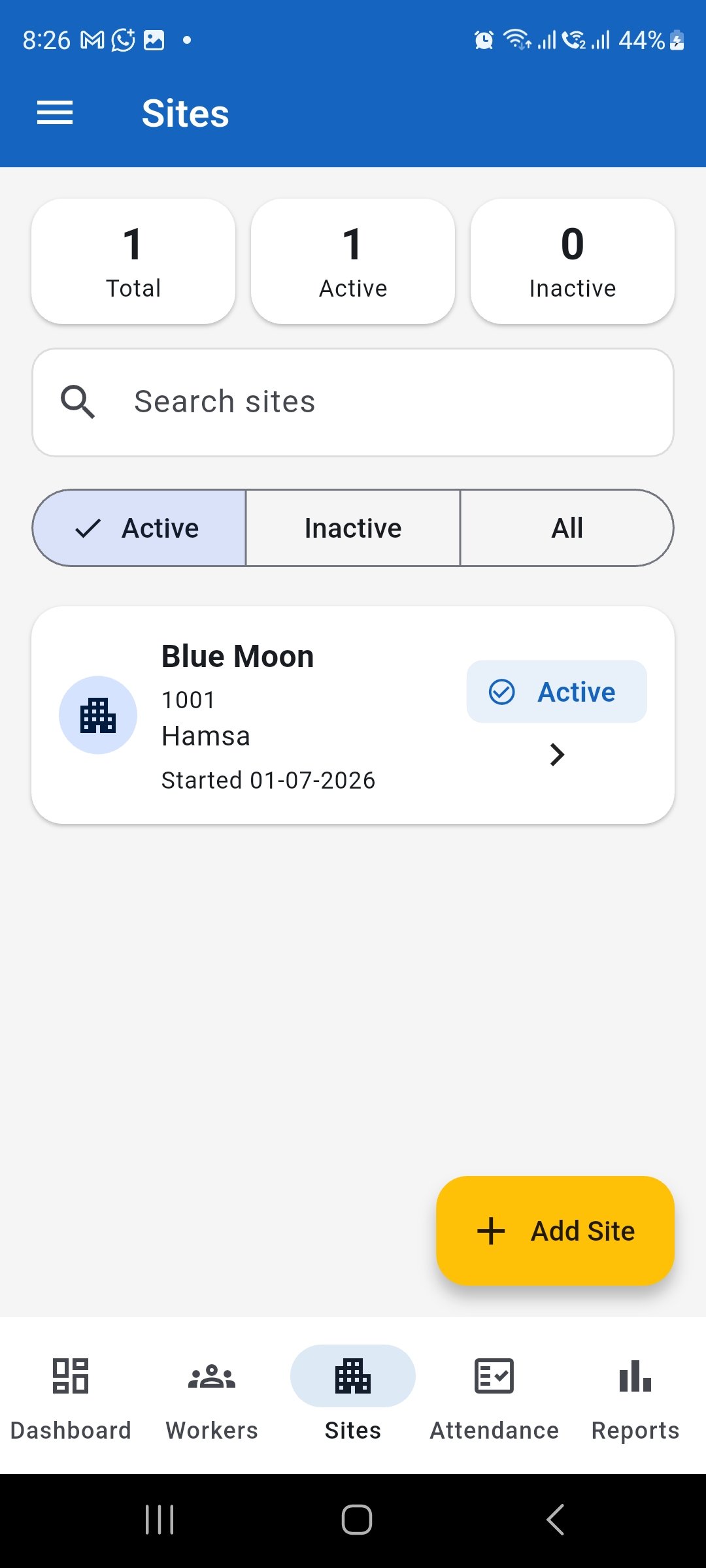 WorkLedger Sites screen showing active and inactive site records