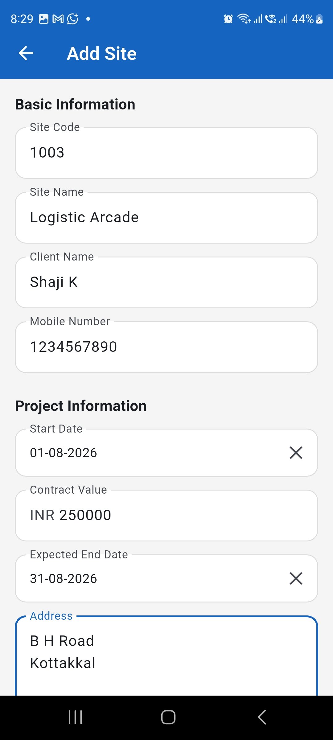WorkLedger Add Site screen showing basic site information fields