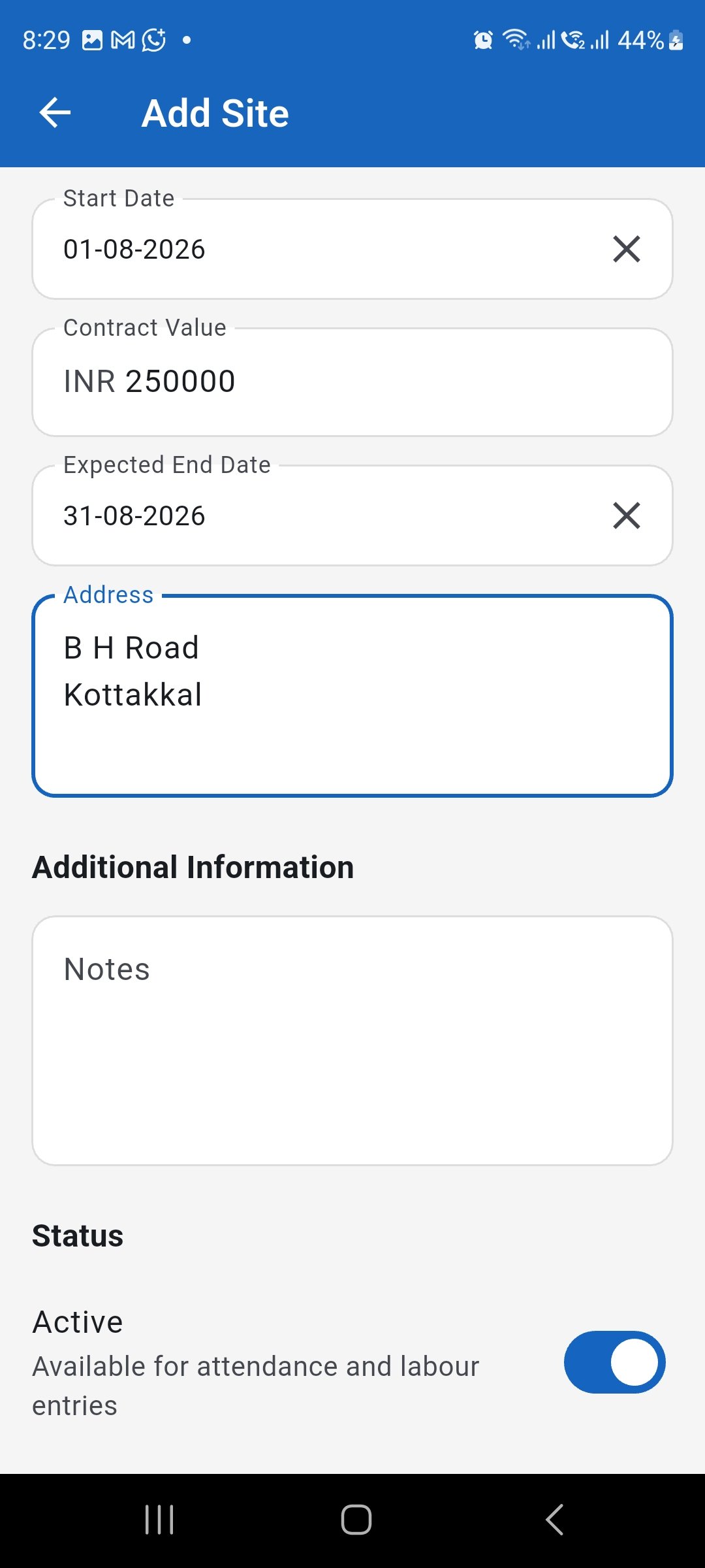 WorkLedger Add Site screen showing project information and active status