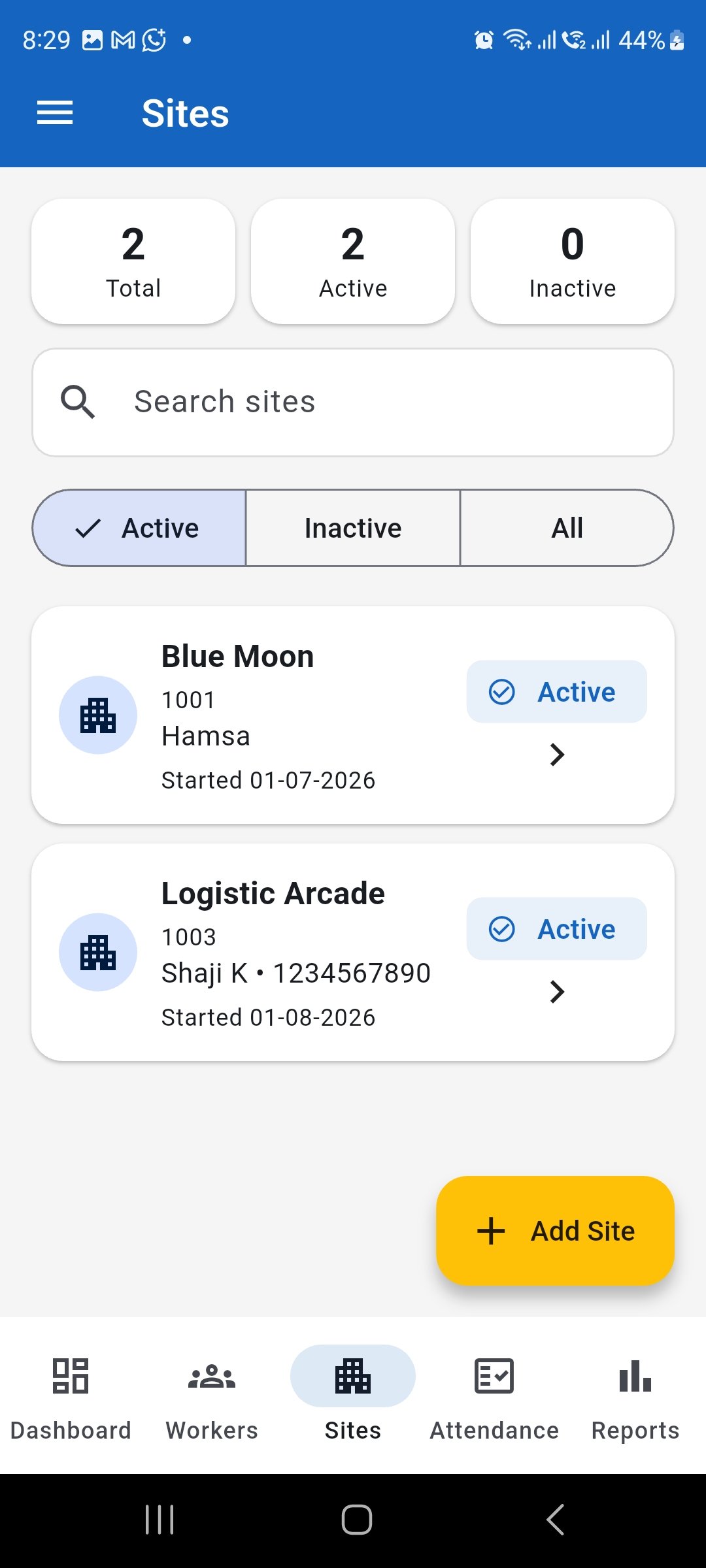 WorkLedger Sites list showing the newly created site