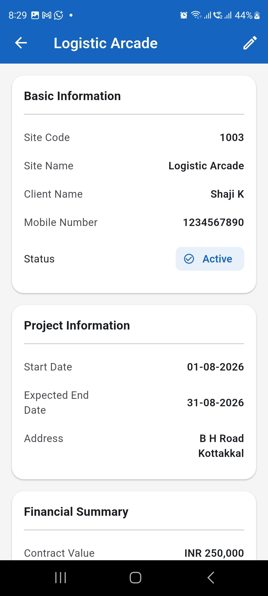 WorkLedger site details showing basic and project information
