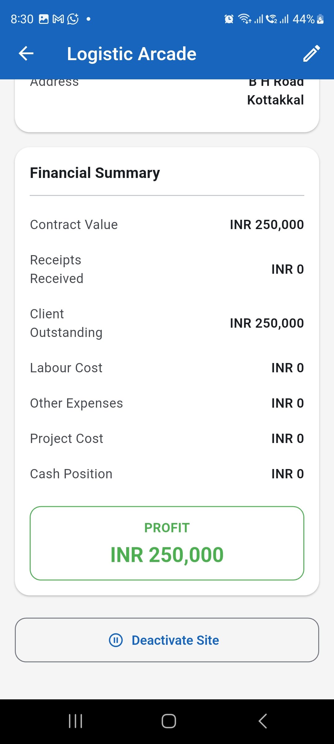 WorkLedger site financial summary showing project financial totals