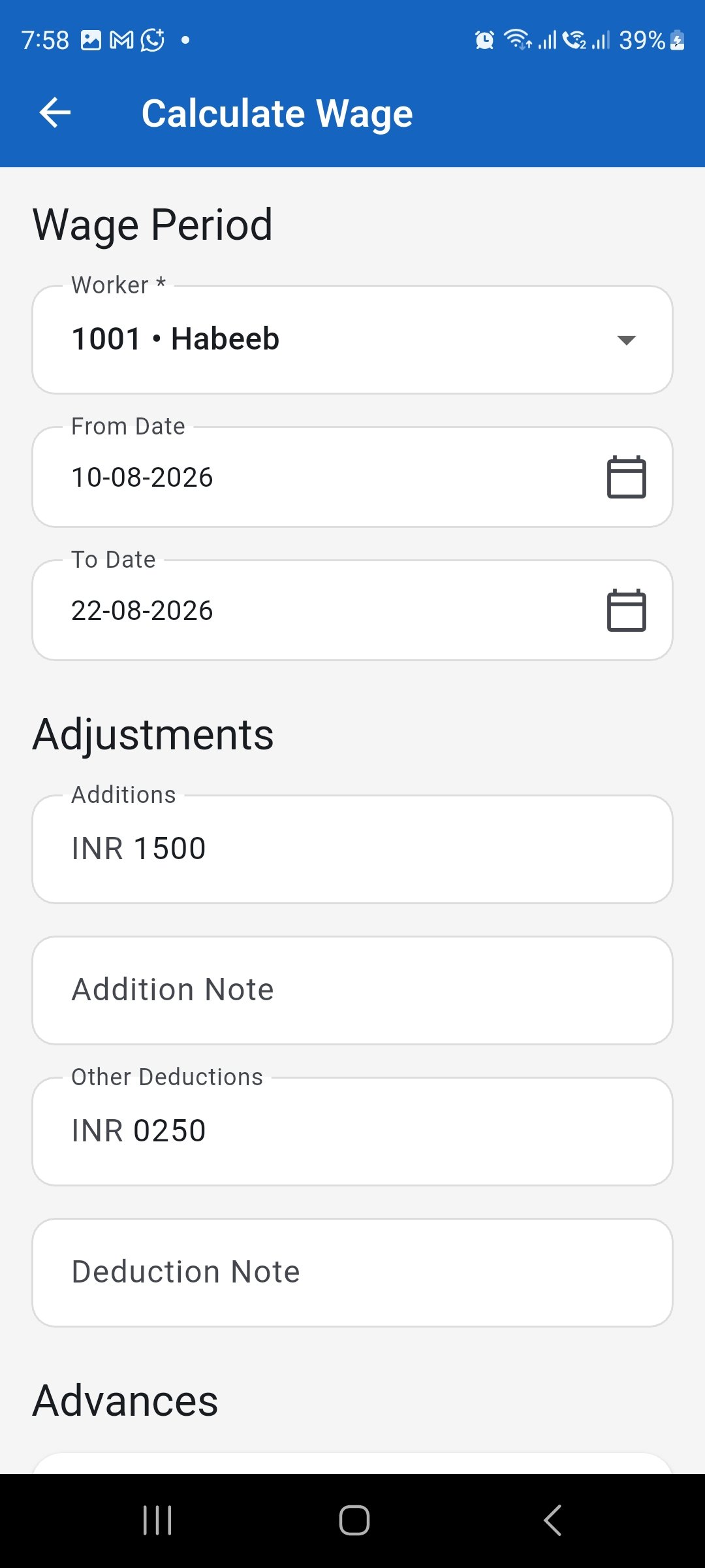 WorkLedger Calculate Wage screen showing worker wage period and adjustments