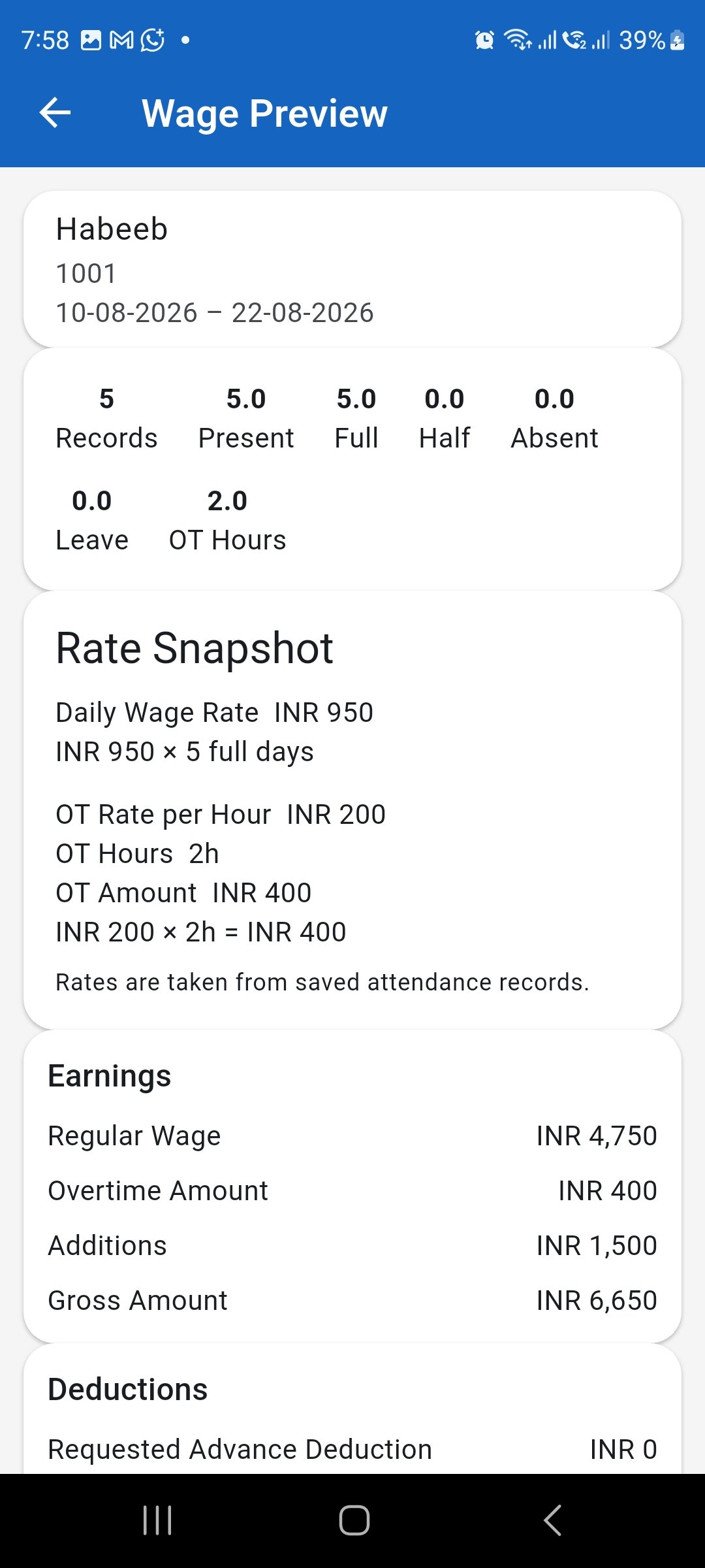 WorkLedger Wage Preview showing attendance rates and earnings