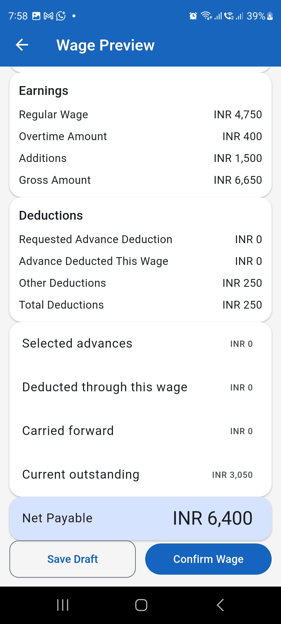 WorkLedger Wage Preview showing deductions outstanding advances and net payable