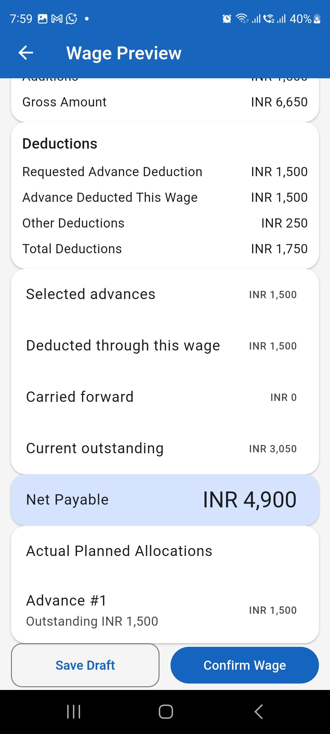 WorkLedger Wage Preview showing worker advance allocation