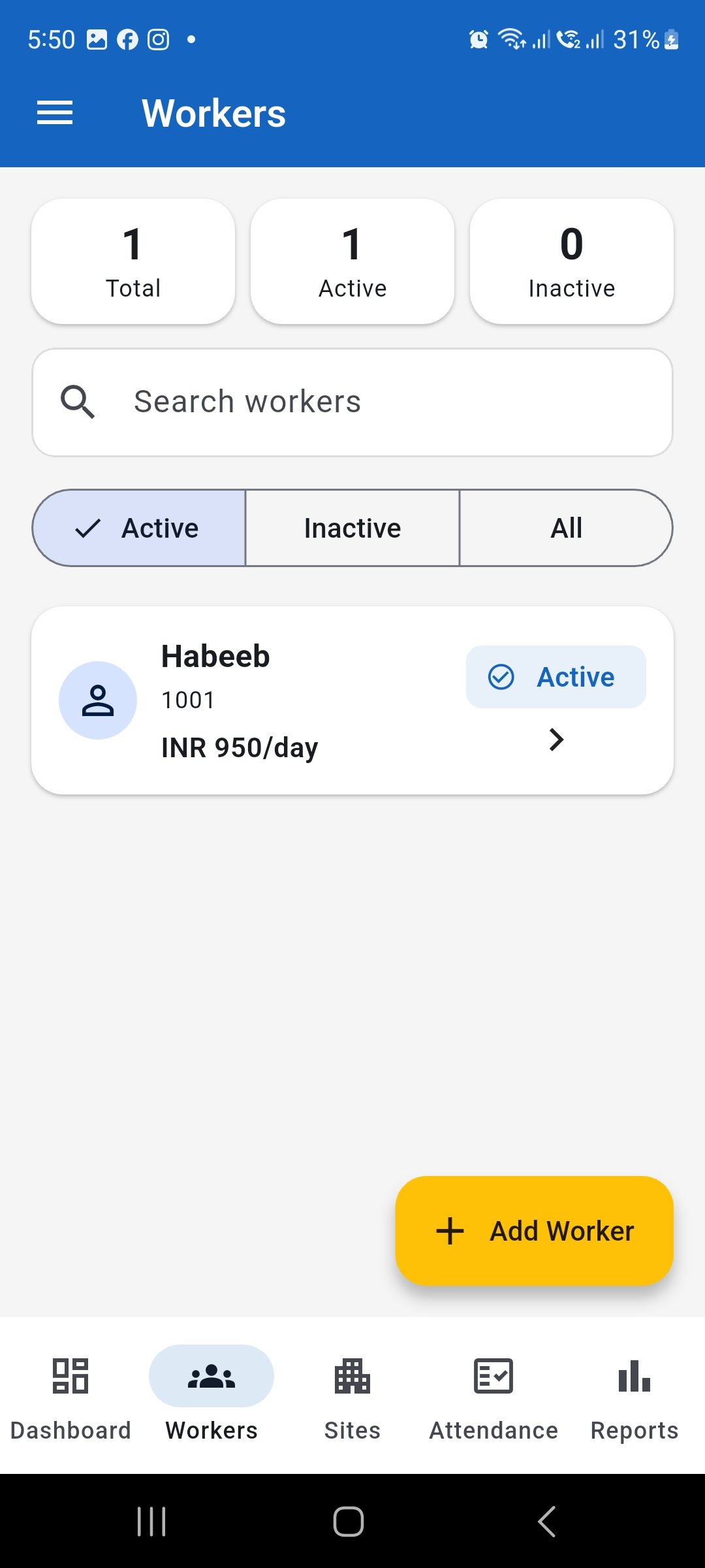 WorkLedger Workers screen showing worker totals, search, status filters, worker list, and the Add Worker button.