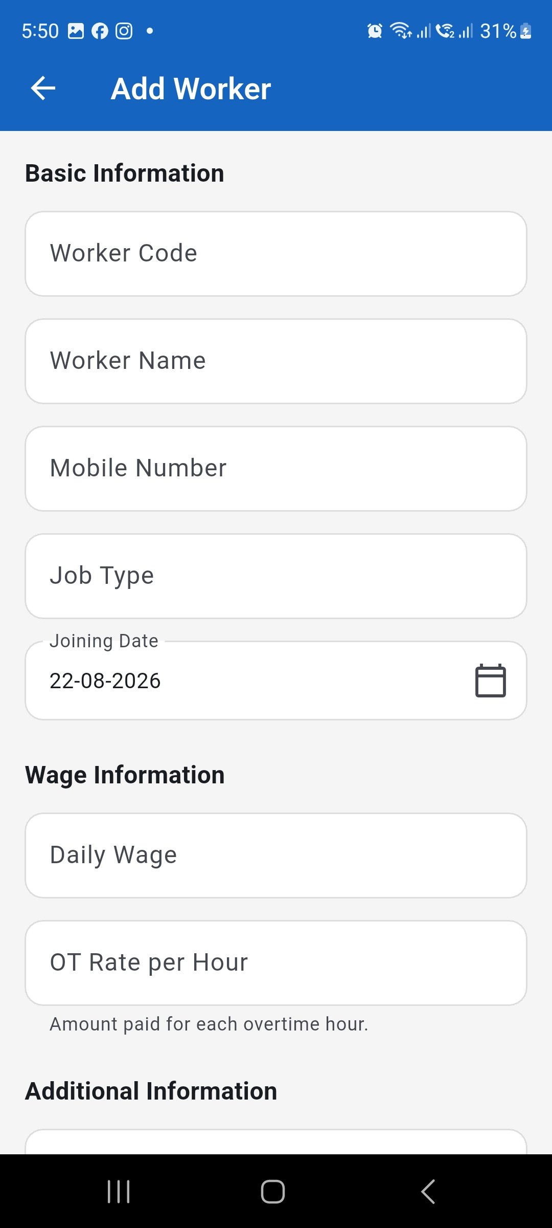 WorkLedger Add Worker screen showing Worker Code, Worker Name, Mobile Number, Job Type, Joining Date, Daily Wage, and OT Rate fields.
