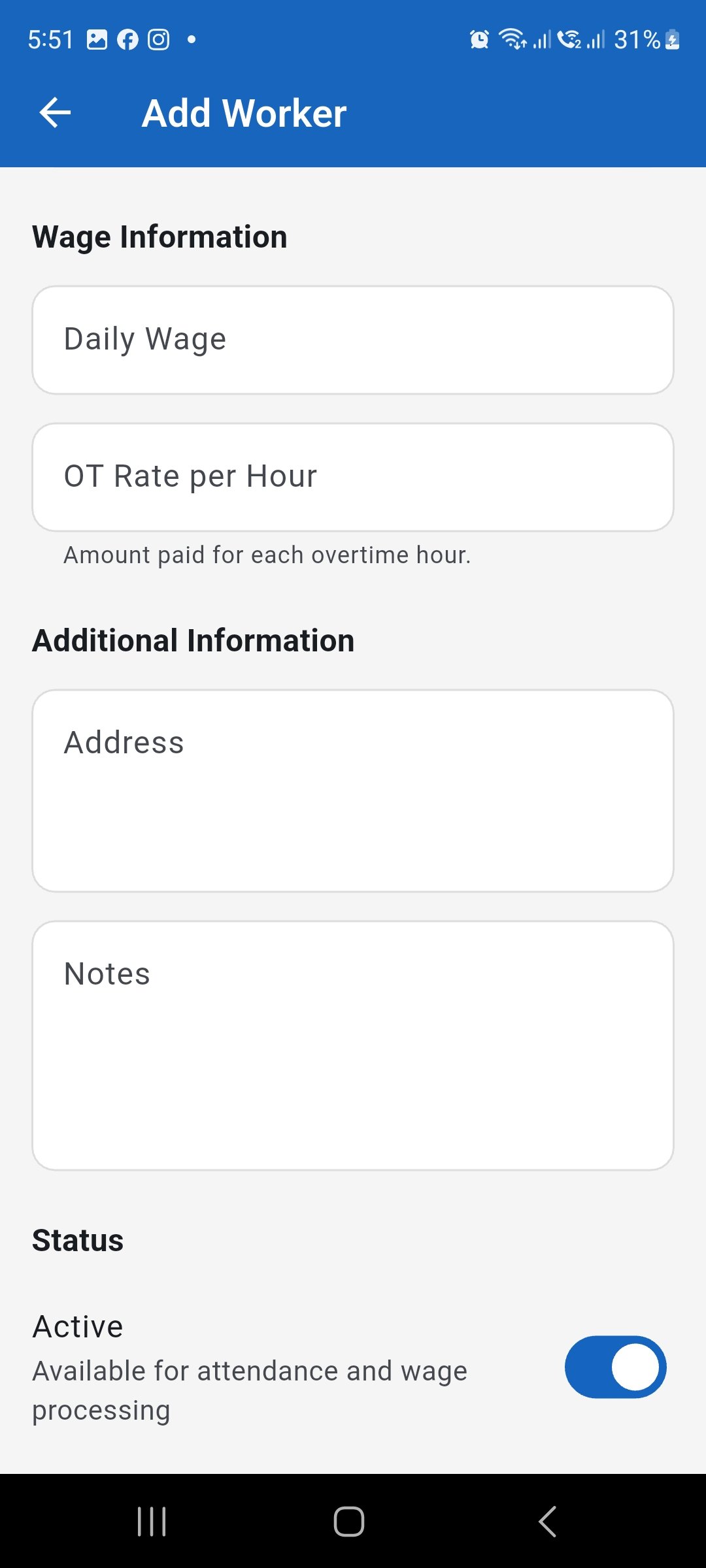 WorkLedger Add Worker screen showing wage information, address, notes, and Active status controls.