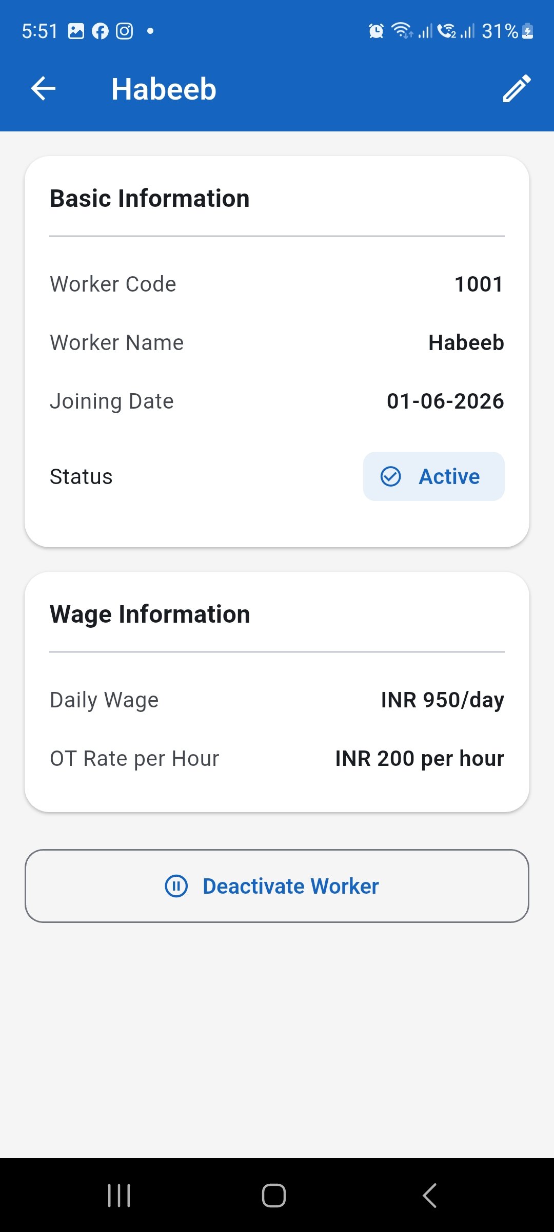 WorkLedger worker details screen showing basic information, active status, daily wage, overtime rate, and edit controls.