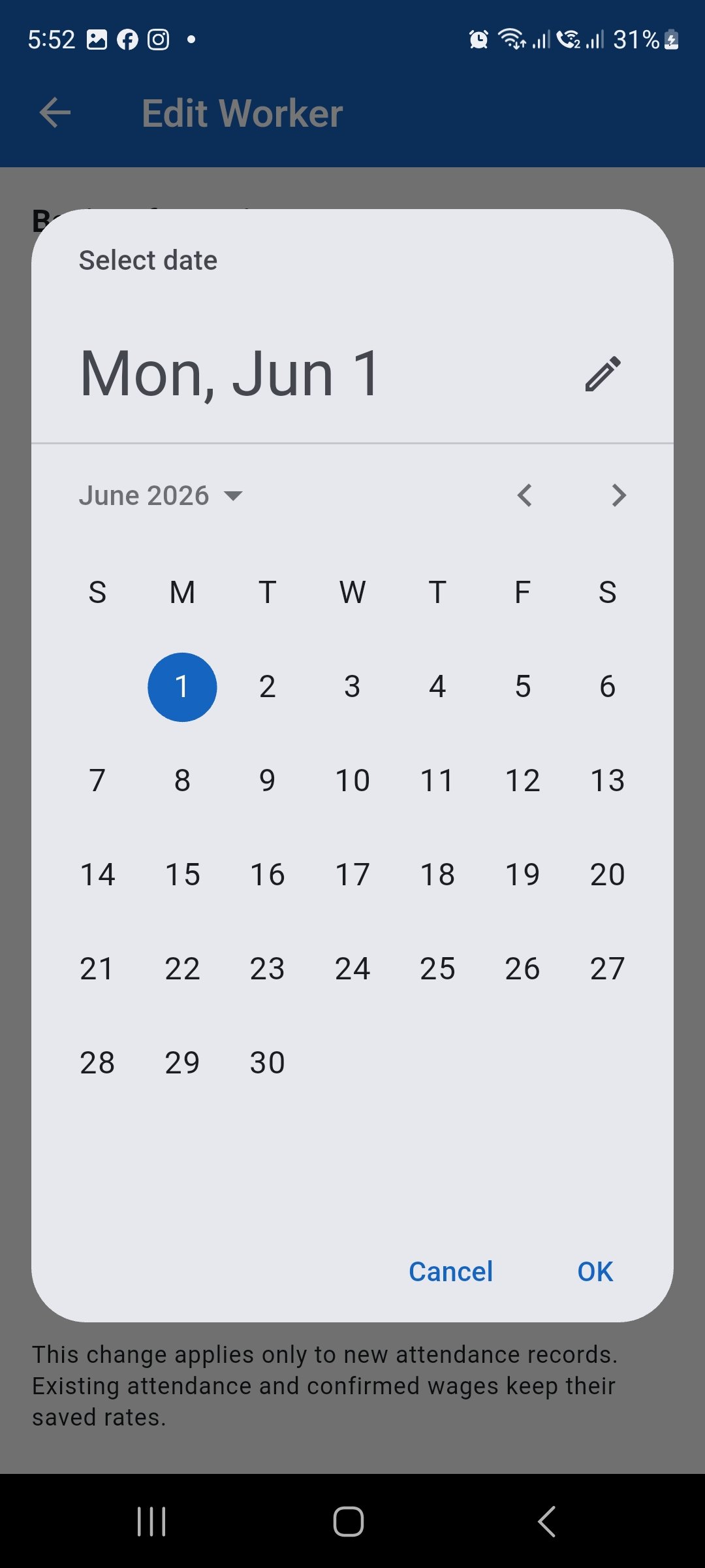 WorkLedger date picker opened from the Edit Worker screen to choose a worker joining date.
