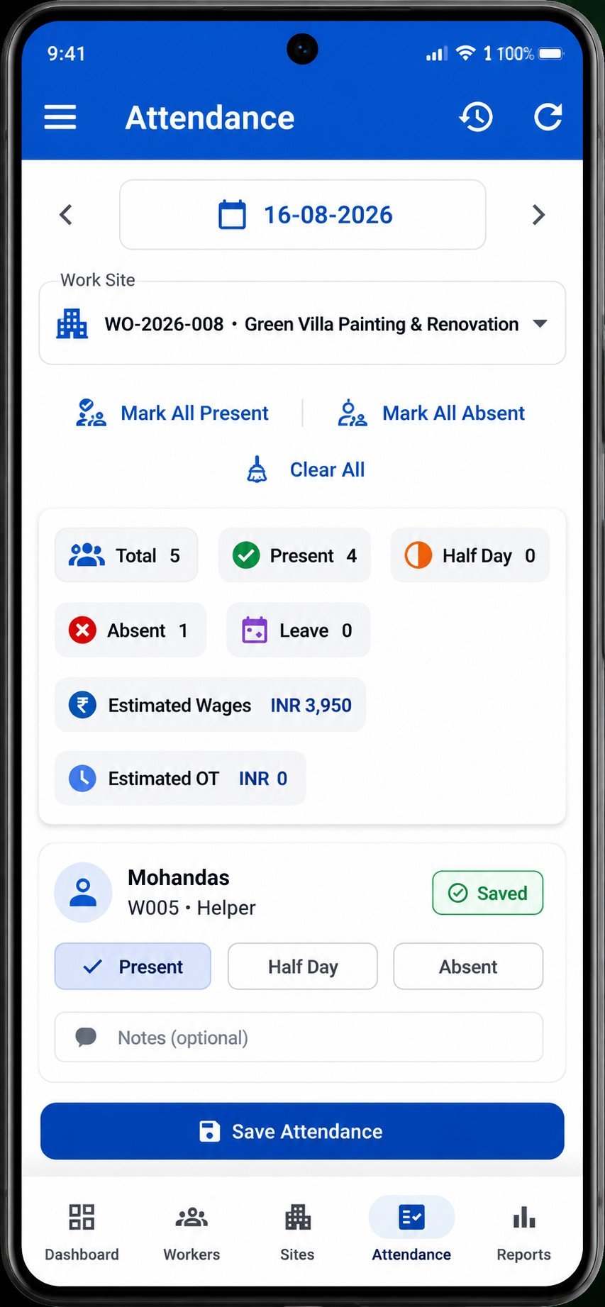 WorkLedger attendance screen for recording daily worker attendance