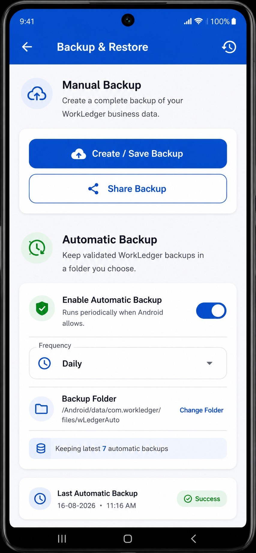 WorkLedger backup and restore screen with manual and automatic backup options