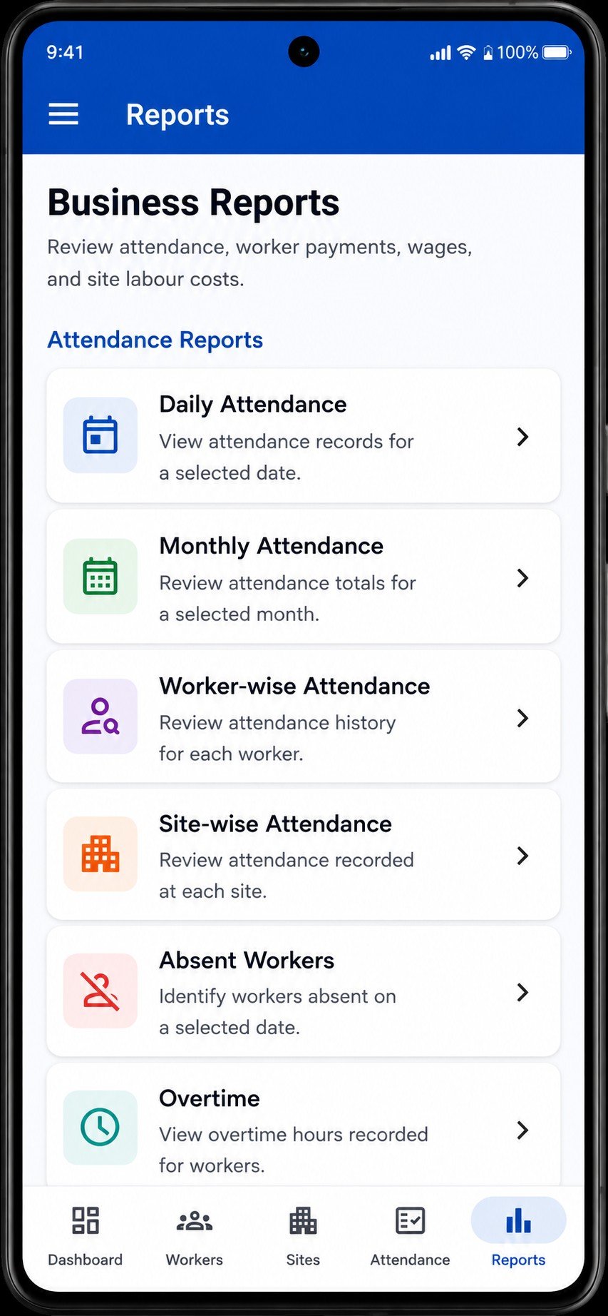WorkLedger reports screen showing attendance and business reports