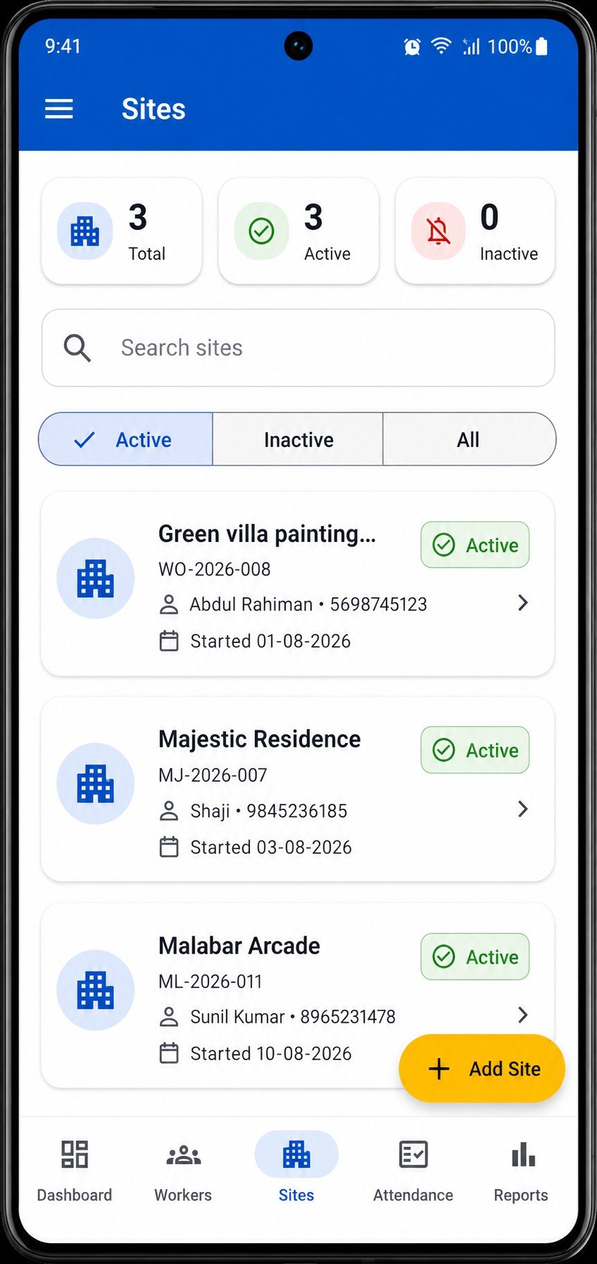 WorkLedger sites screen showing active work sites