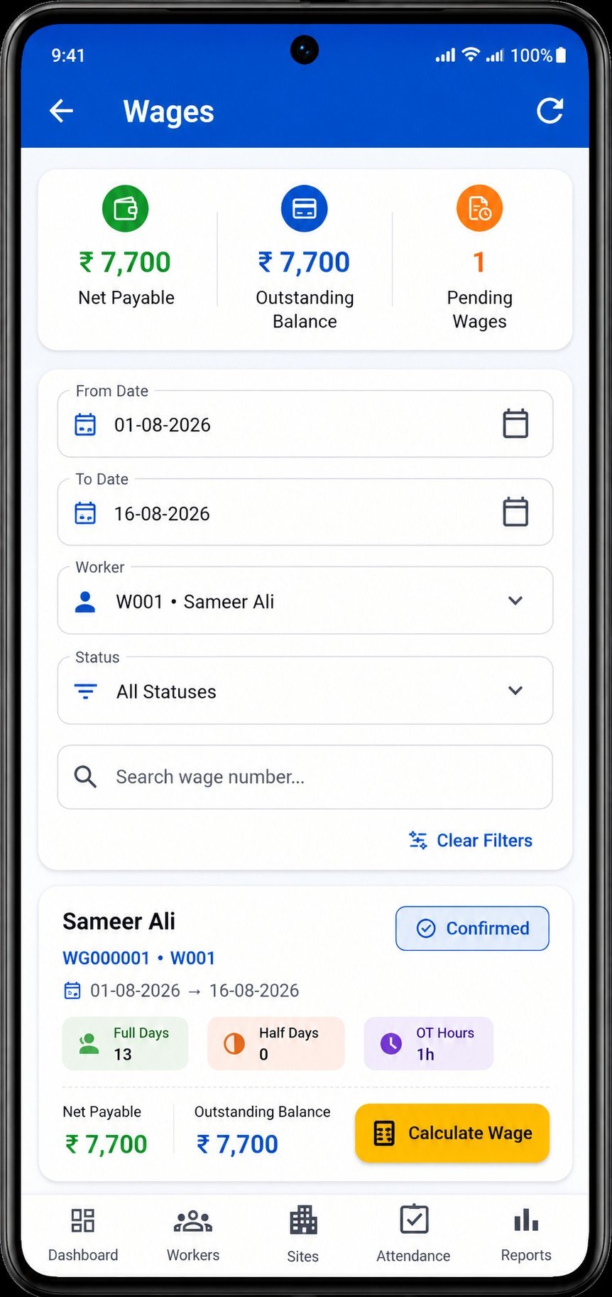 WorkLedger wages screen showing wage calculations and outstanding balances
