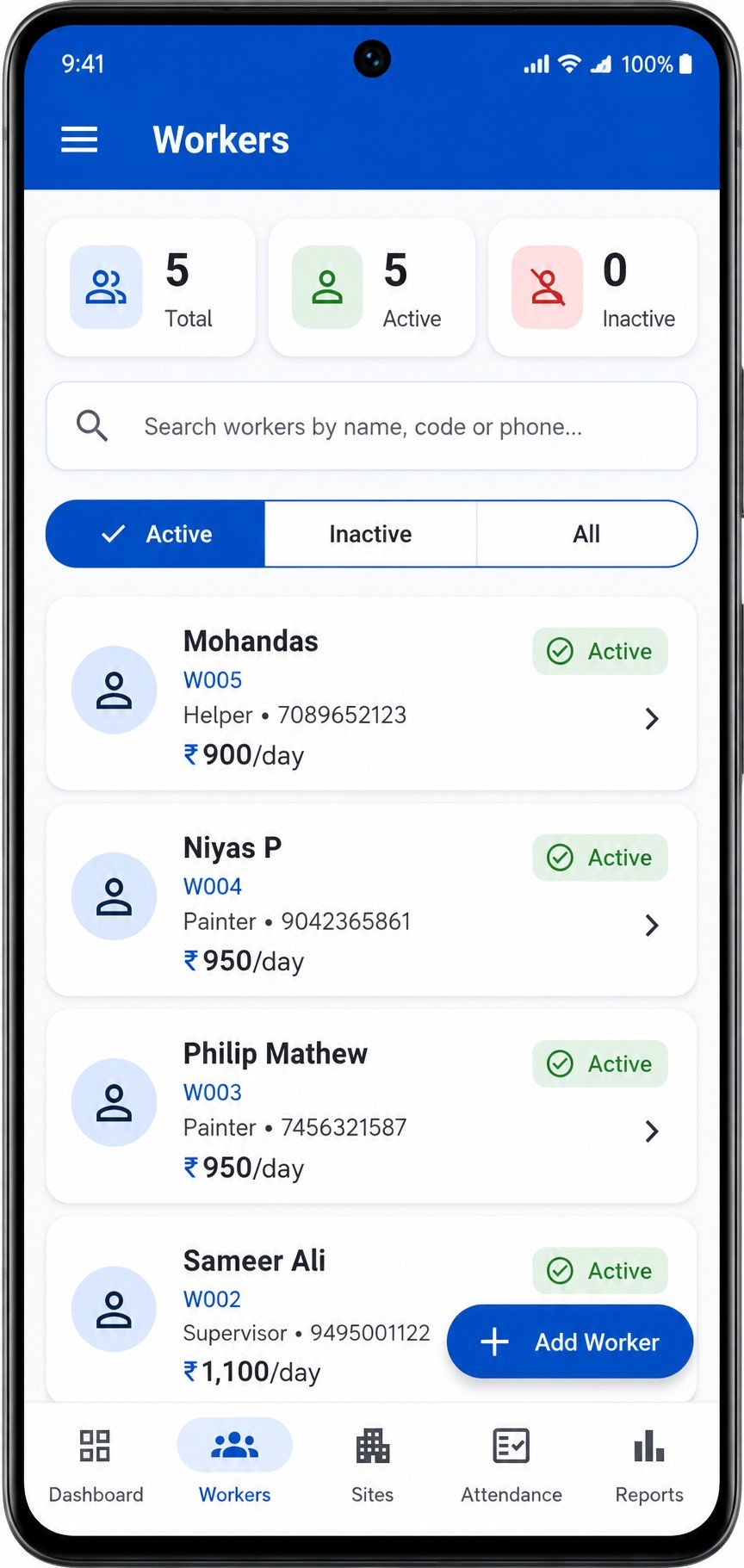 WorkLedger workers screen showing active worker records